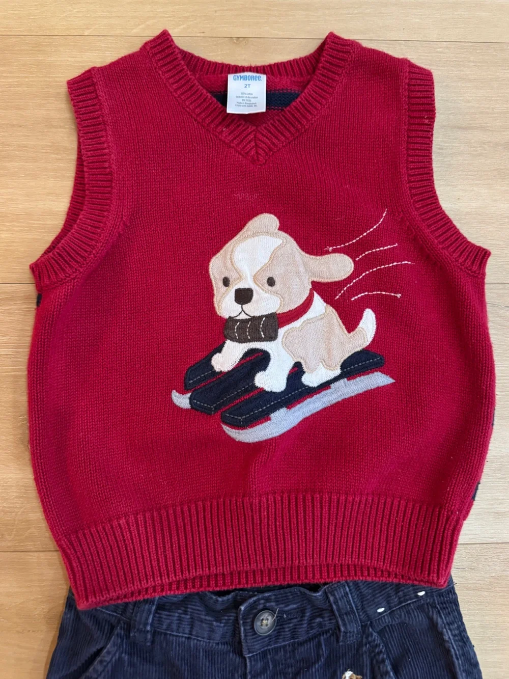 Gymboree Red Knit Dog Vest with Navy Embroidered Jeans | 2T